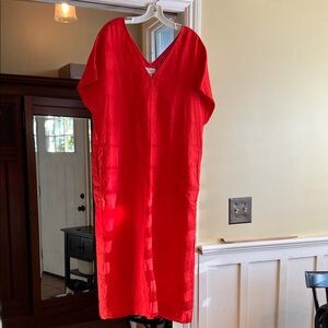 Vibrant Red Linen V-Neck Dress